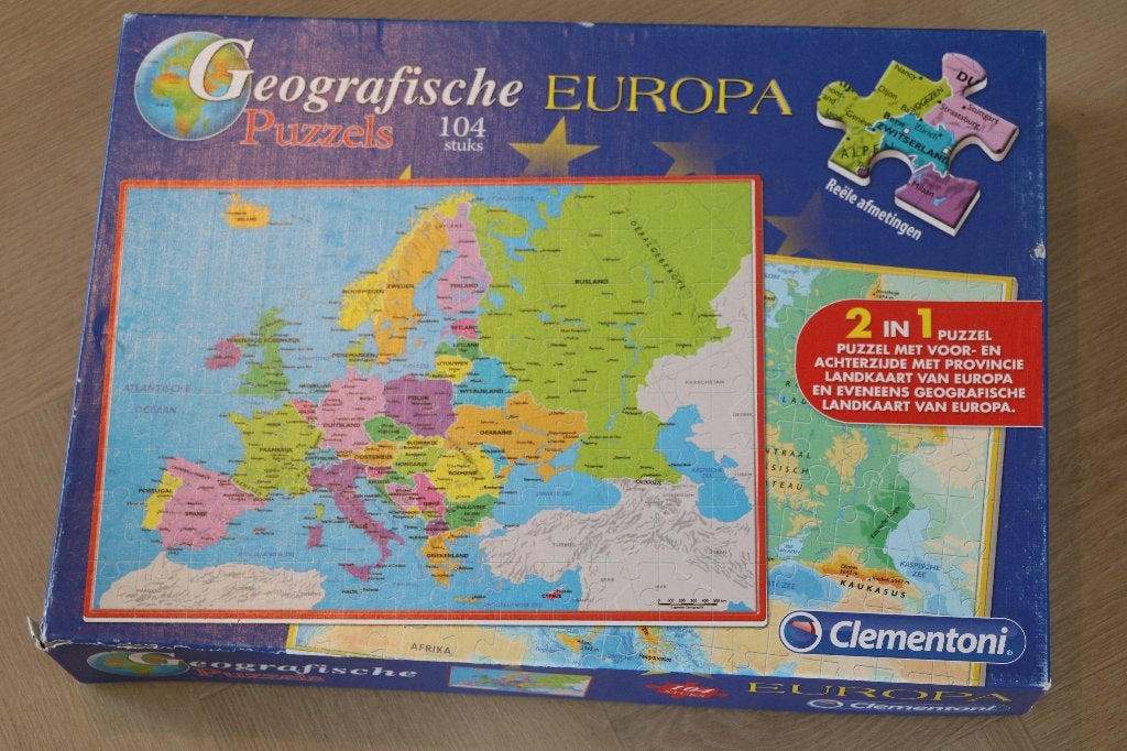 Geografische Europa Puzzel 104 stukjes - 2 zijden, Ophalen of Verzenden, Meer dan 50 stukjes, Zo goed als nieuw, 6 jaar of ouder