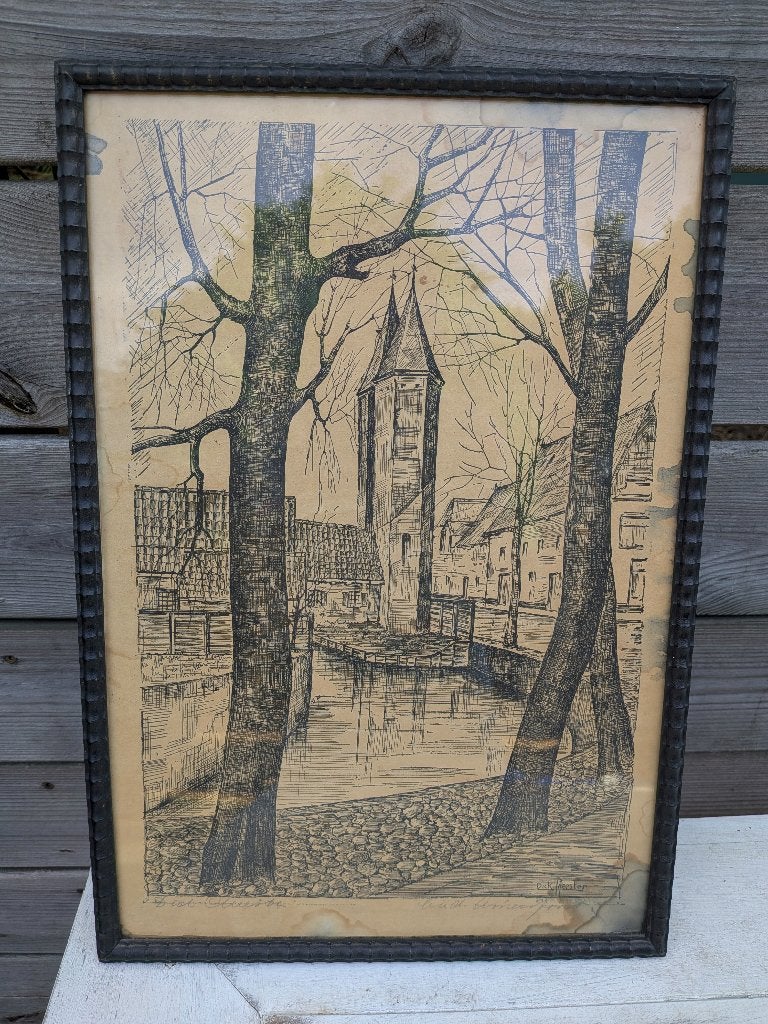 Grafische prent, Oud Amersfoort,  Dick Meester, Ophalen of Verzenden, Ingelijst