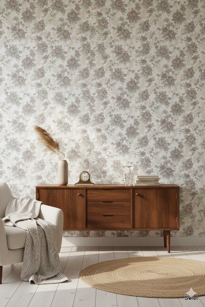14237 klassiek bloemenbehang in ice mauve en offwhite swiet, Ophalen of Verzenden, Blauw