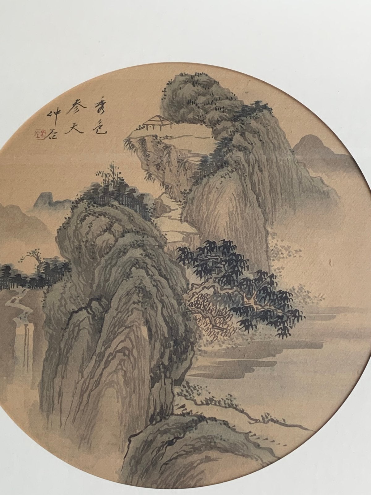 Chinese inkt tekening in ronde passepartout 36 bij 36 cm, Ophalen of Verzenden