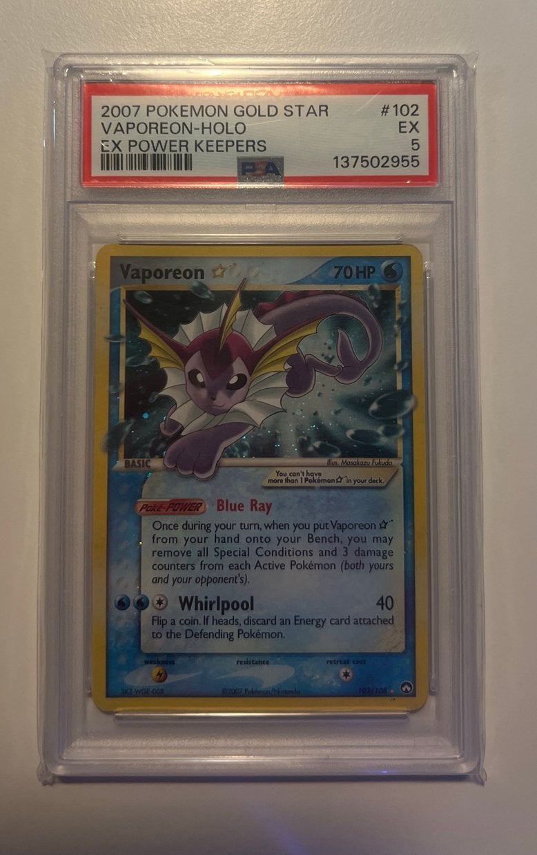 Vaporeon Gold Star 102/108 - Power Keepers - PSA 5, Ophalen of Verzenden, Gebruikt, Losse kaart, Foil