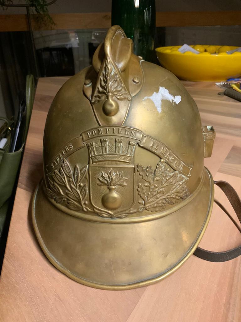 Antiek Koperen Franse Brandweerhelm Rond 1900, Ophalen of Verzenden, Overige soorten, Overige gebieden, Helm of Baret