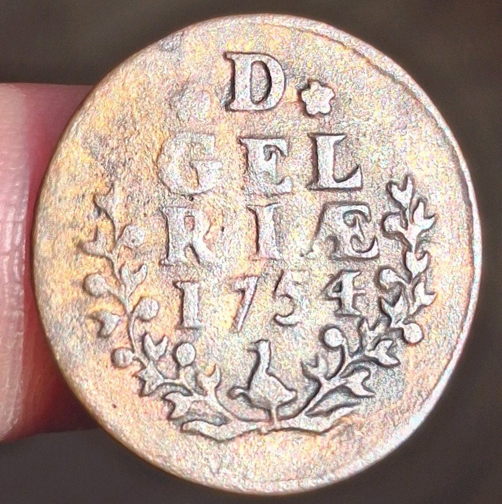 bodemvondst - duit - 1754 - Gelderland - top munt ! - RRR !, Ophalen of Verzenden, Vóór koninkrijk, Overige waardes, Losse munt