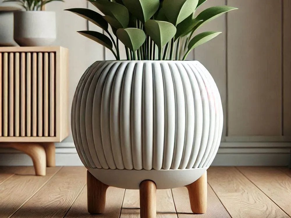 Moderne witte plantenpot op houten poten, Tuin en Terras, Bloempotten, Overige materialen, C, Rond, Binnen