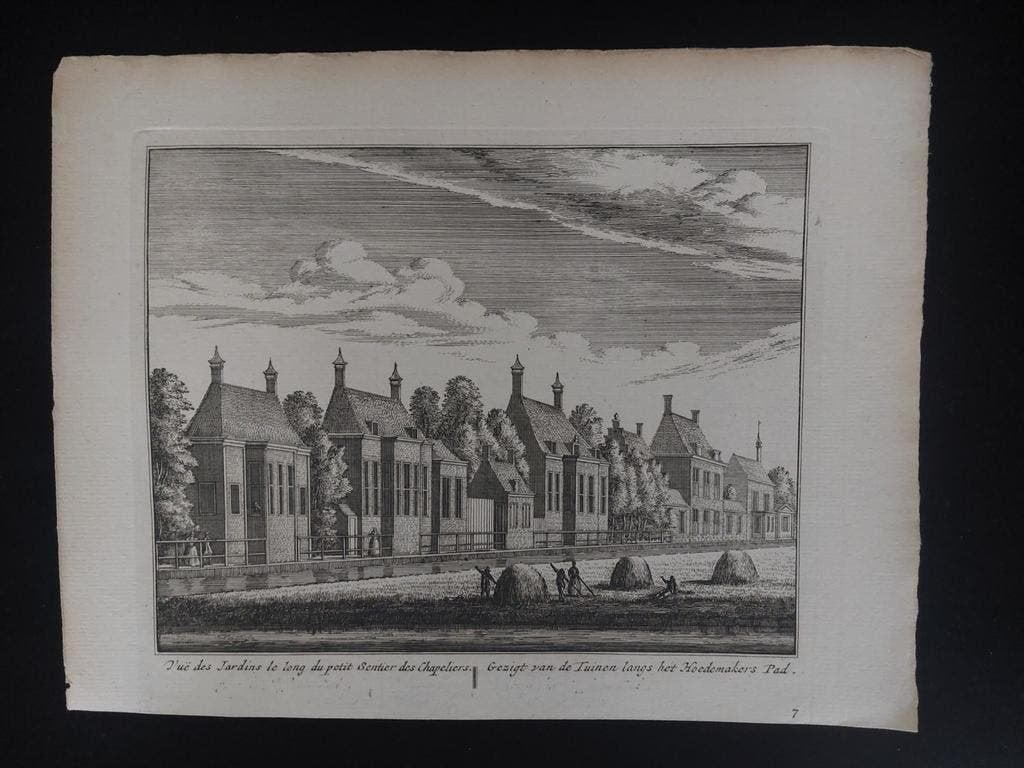 7 Tuinen langs het Hoedemakerspad Amsterdam gravure uit 1730, Stadsgezicht, Ophalen of Verzenden, 15 cm, 20 cm