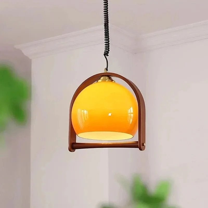 Vintage bauhaus hanglamp (kleur: oker), Ophalen of Verzenden, Zo goed als nieuw, Glas