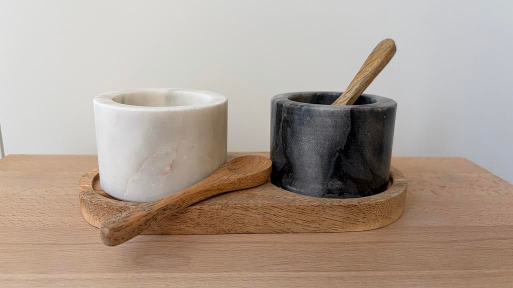 Marble bowls - Marmeren potjes met houten lepels, Ophalen of Verzenden, Zo goed als nieuw, Voorraadpot, Steen/keramiek