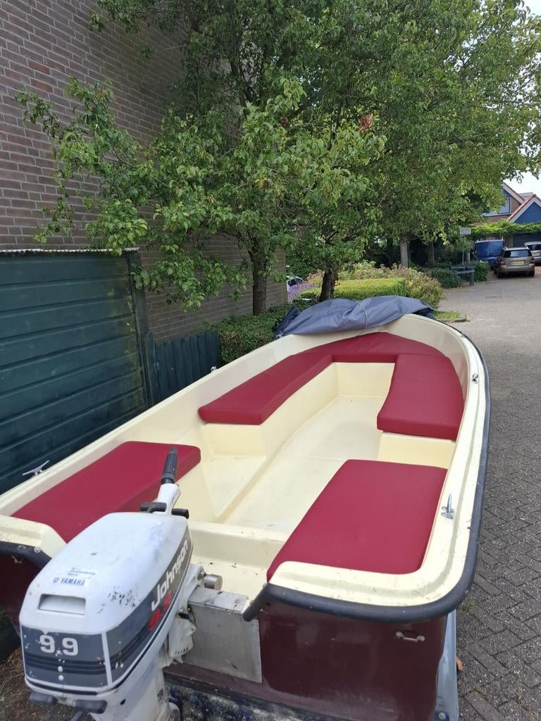Polyester boot 4.20m met Johnson motor en kanteltrailer, Ophalen, Gebruikt, Minder dan 10 pk, Tot 6 meter