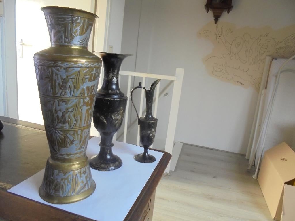 3 oude messing vaas  gieter  gegraveerd, Ophalen of Verzenden
