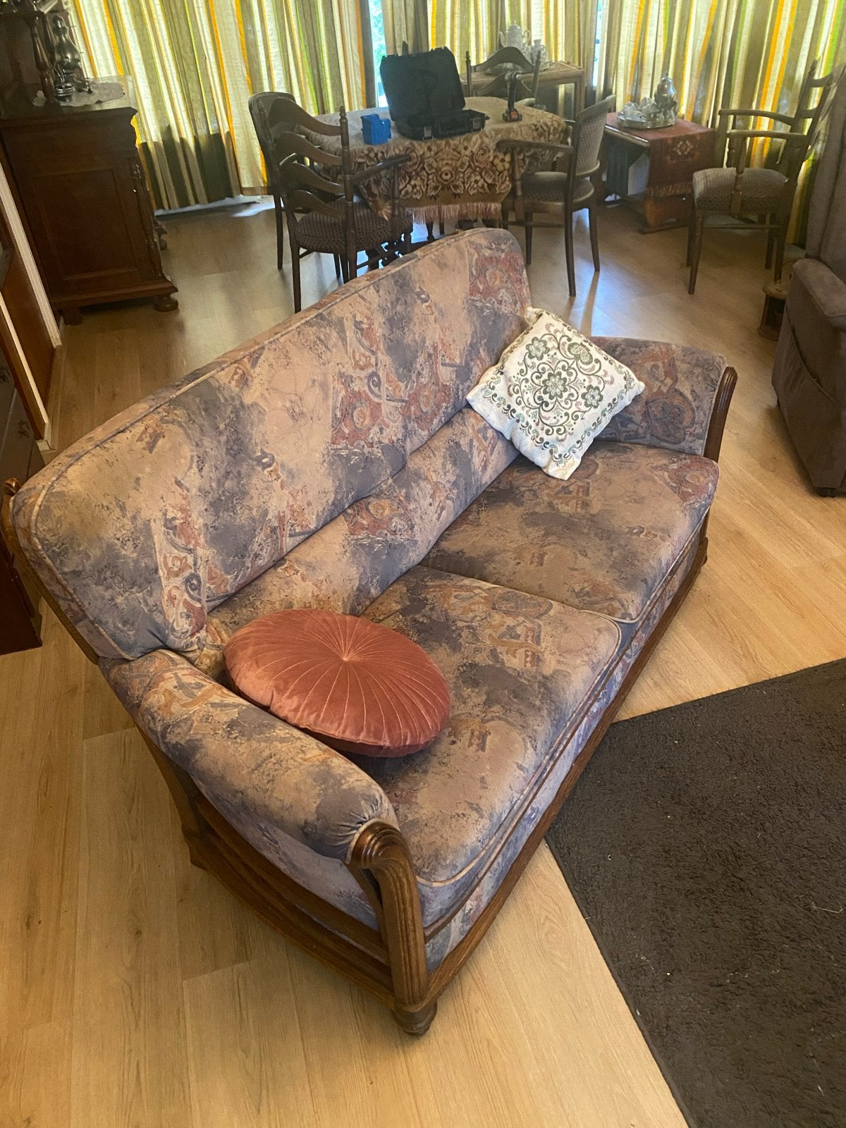 Vintage 3-zitsbank en 2 fauteuils met houten frame, Huis en Inrichting, Ophalen, Gebruikt, Driepersoons, 75 tot 100 cm