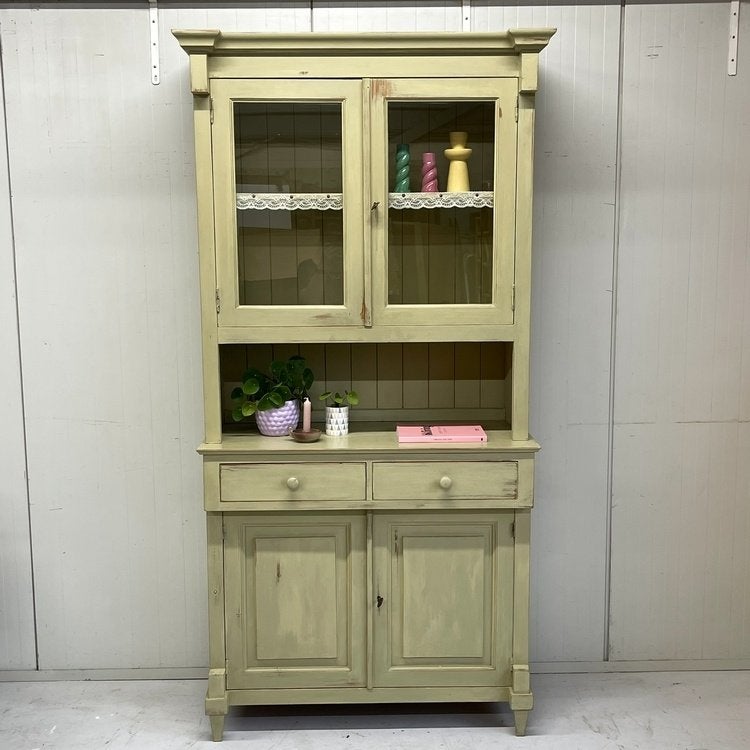 Landelijke brocante vintage buffetkast vitrine lindegroen, Ophalen, Gebruikt, 100 tot 150 cm, 200 cm of meer
