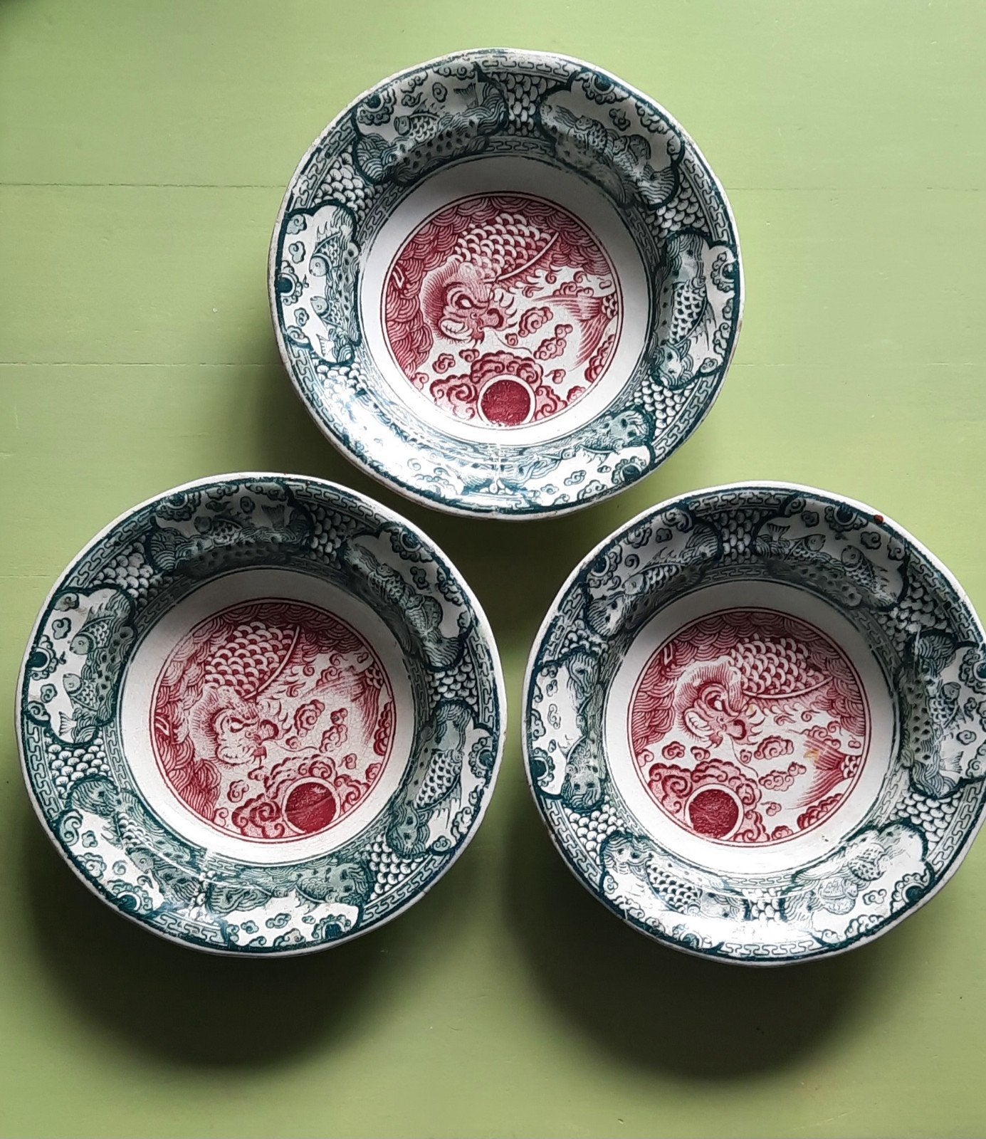 Antieke Villeroy & Boch 'Holland' schalen met draak en visse, Ophalen of Verzenden