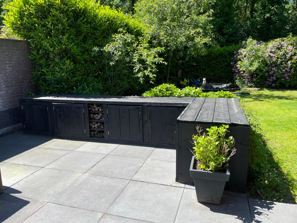 Zwarte houten buitenkeuken/opbergmeubel, Tuin en Terras, Tuinsets en Loungesets, Ophalen, Gebruikt, Hout, Tuinset