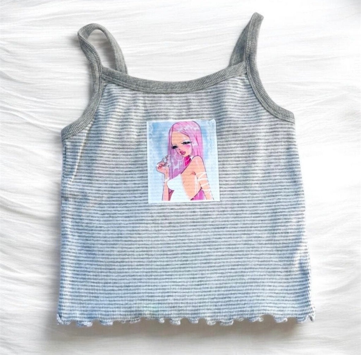 Gestreepte crop top met anime print - Maat S, Kleding | Dames, Ophalen of Verzenden, Zo goed als nieuw, Grijs, Maat 36 (S)