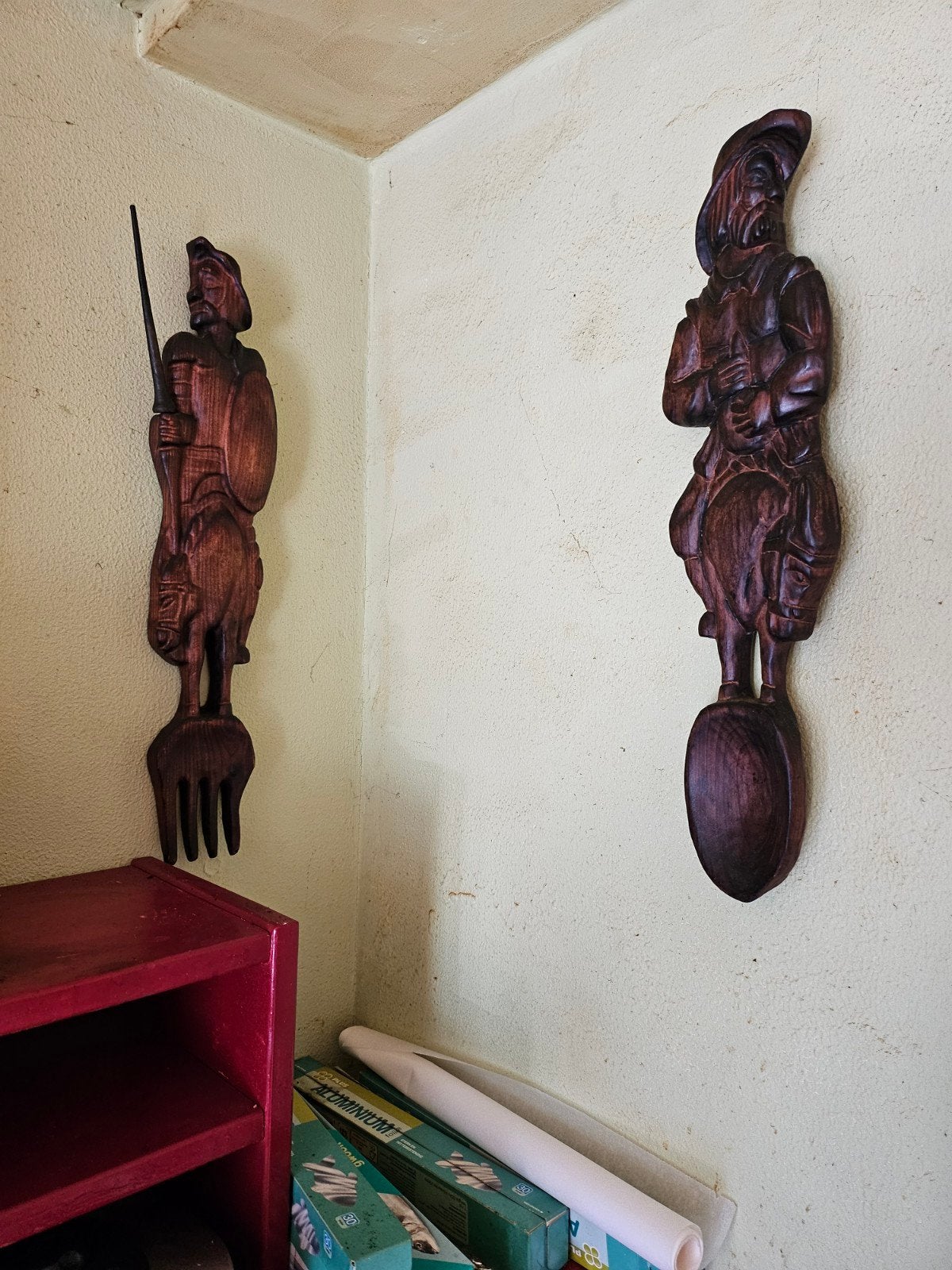 Handgesneden houten lepel en vork met figuren, Ophalen