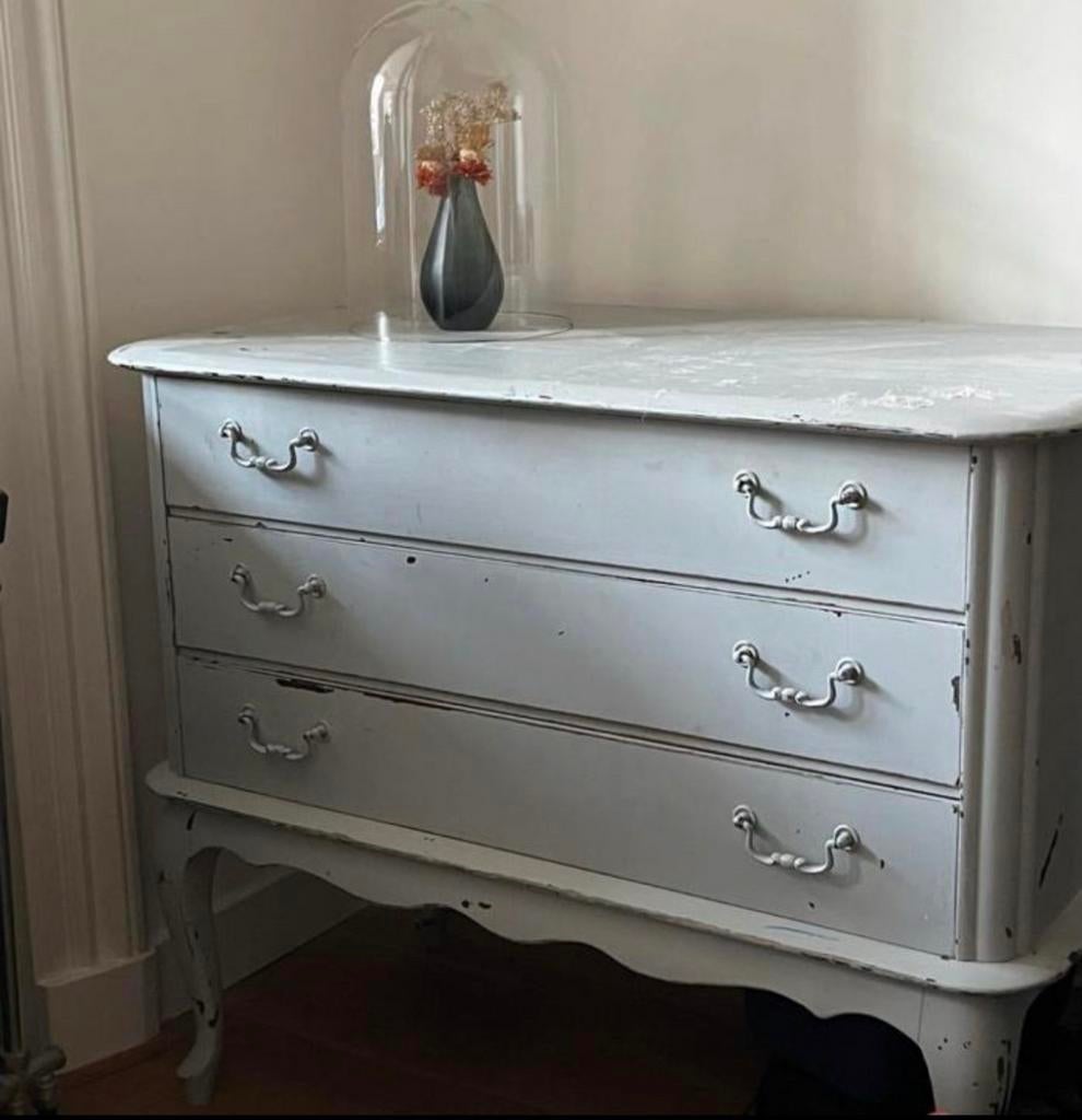 Brocante kastje met 3 lades - Grijs geverfd, Ophalen of Verzenden