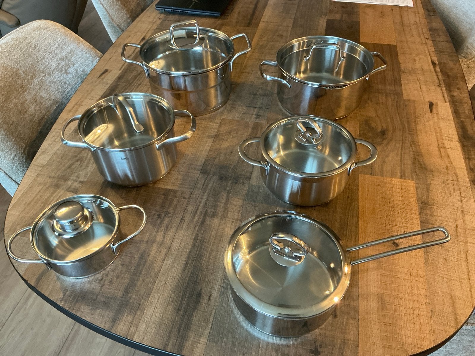 Complete pannenset van RVS met glazen deksels, Met deksel, Pannenset, Ophalen of Verzenden, Zo goed als nieuw