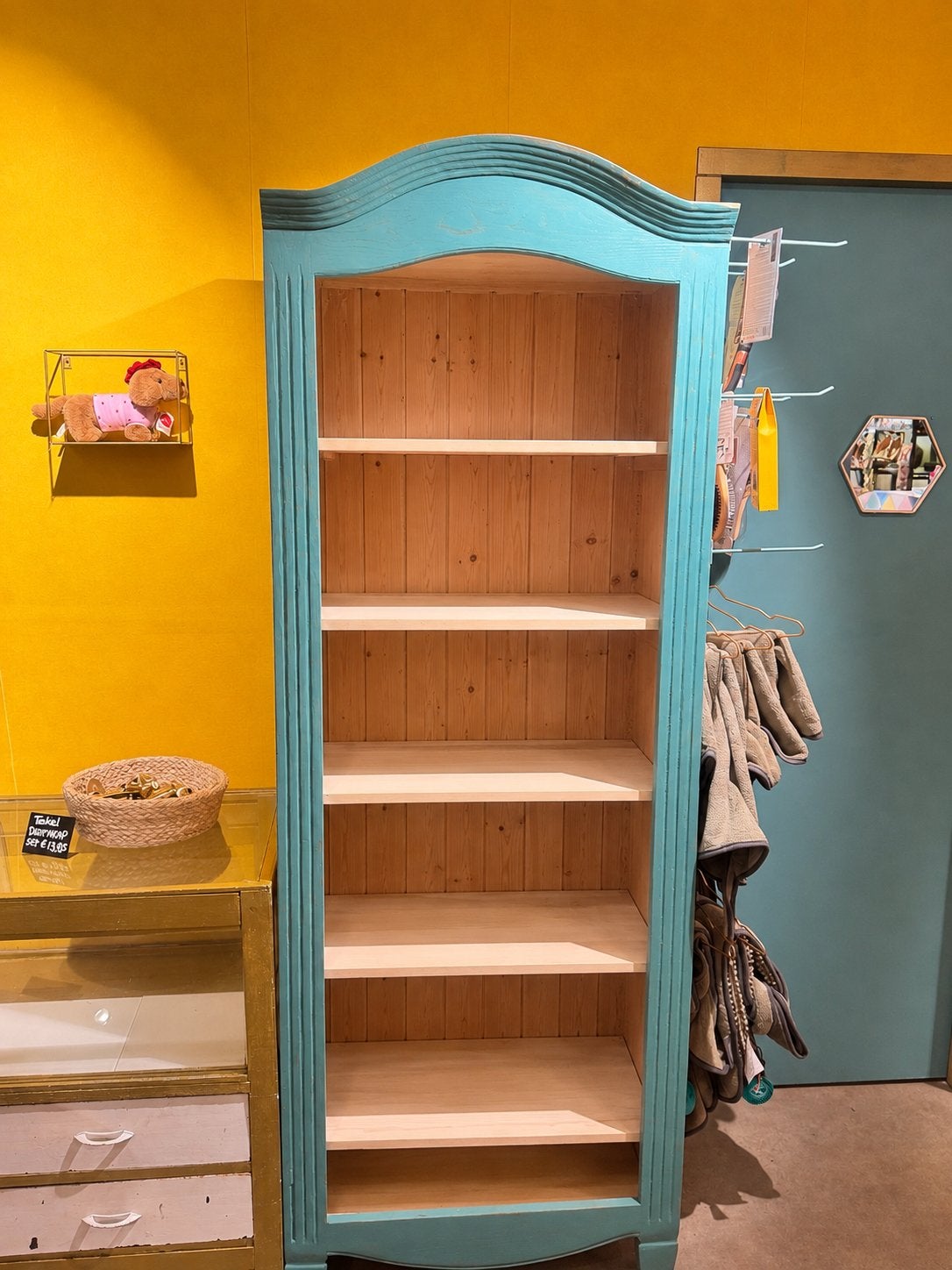 Unieke brocante Eiken Kasten in Turquoise - 75x42x204 cm, Ophalen