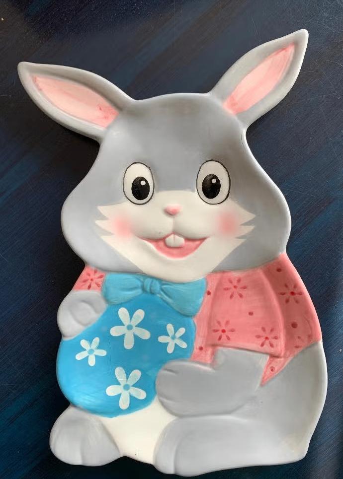 Schaaltje bordje Pasen, grijze paashaas met blauw paasei, Diversen, Pasen, Ophalen of Verzenden, Zo goed als nieuw