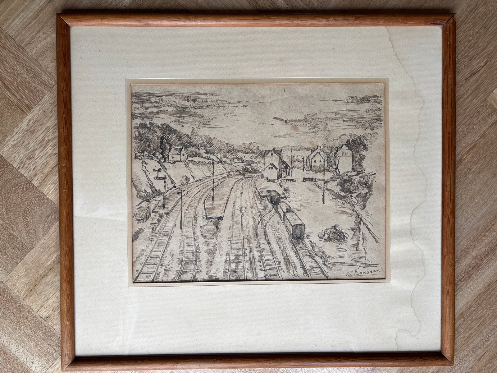 Ingelijste potloodtekening van spoorweglandschap, Ophalen of Verzenden