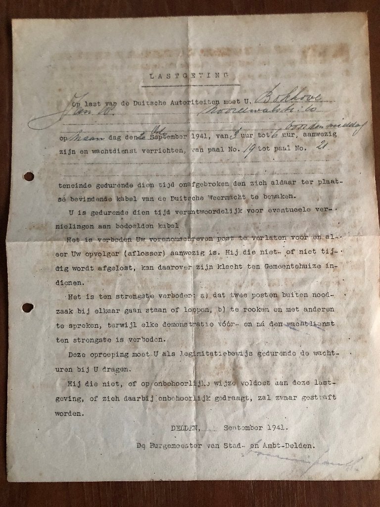 Delden 1941Lastgeving door de Burgemeester van Stad- en, Verzamelen, Ophalen of Verzenden, Overige soorten, Nederland, Overige typen