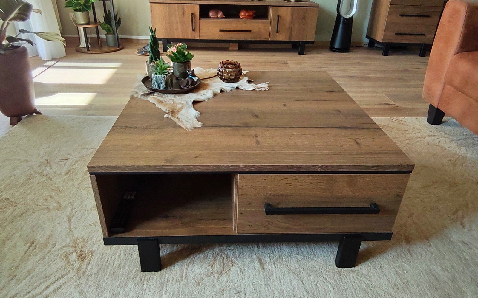 Salontafel tabaccobruin 90x90cm, Ophalen, 100 tot 150 cm, Vierkant, 50 tot 100 cm