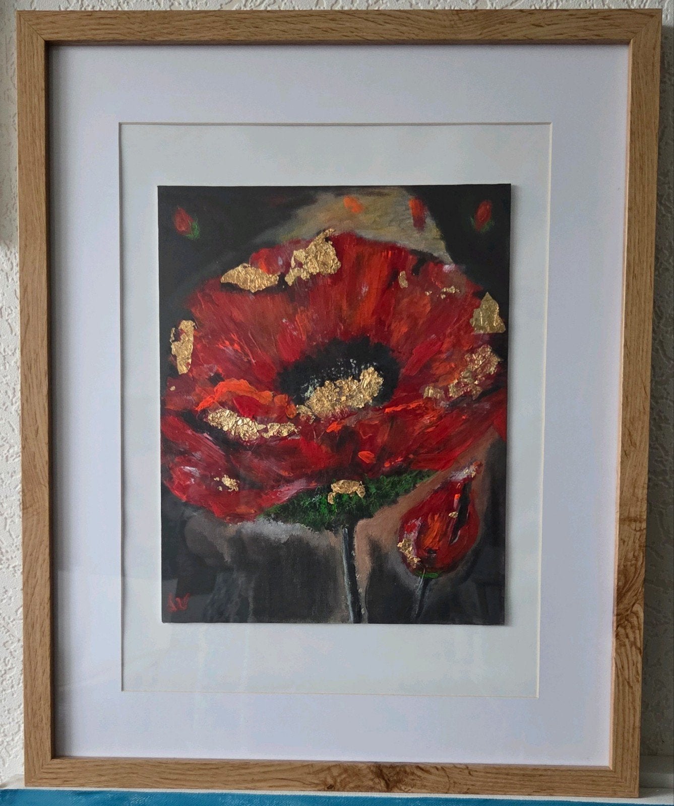 Uniek abstract klaproos schilderij met goudsnippers, Ophalen
