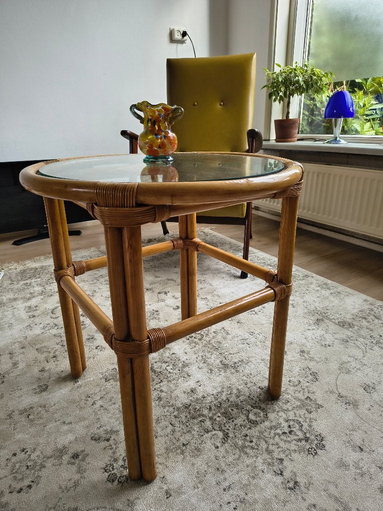 Vintage rotan salontafel met glazen blad, 50 tot 100 cm, Zo goed als nieuw, Onbekend, Onbekend