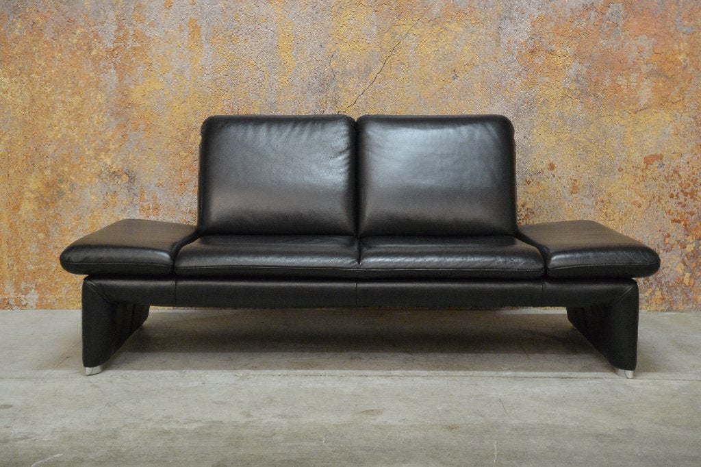 IZGS zwarte leren Framati design bank verstelbare armleuning, Framati, 150 tot 200 cm, Tweepersoons, 75 tot 100 cm