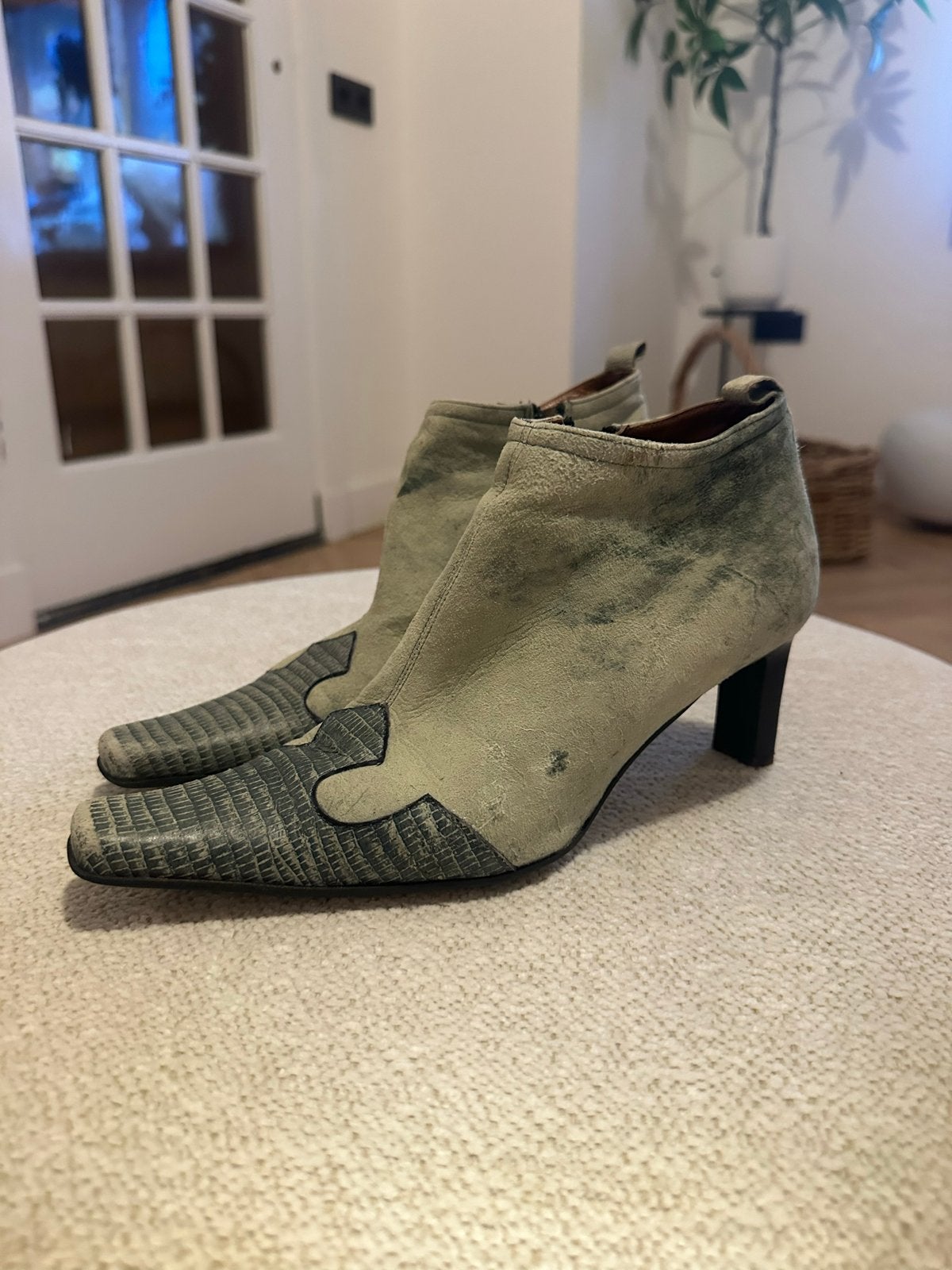 Vintage Roberto d'Angelo Leren Enkellaarsjes - Groen/Blauw, Ophalen of Verzenden, Gedragen, Groen, Lage of Enkellaarzen