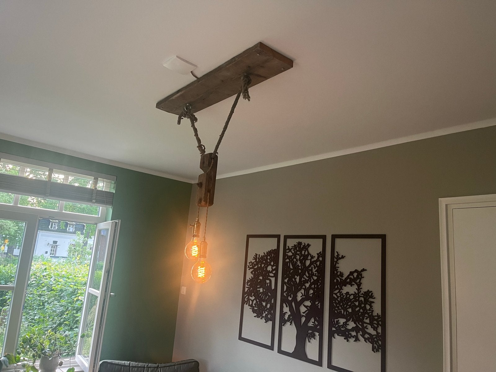 Industriële hanglamp met Philips Hue lampen, Huis en Inrichting, Lampen | Hanglampen, Ophalen of Verzenden, Gebruikt, Hout