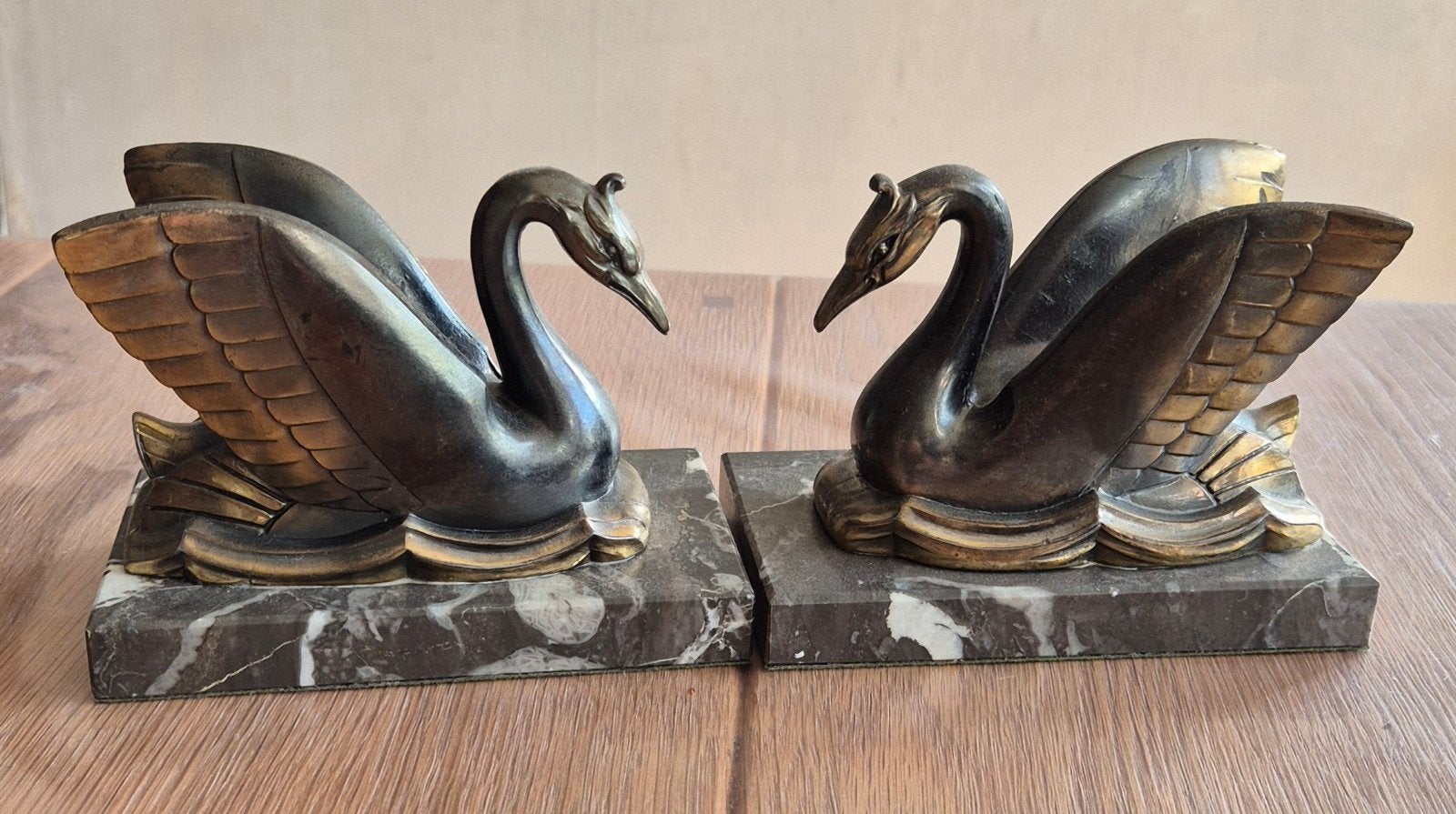Vintage Zwanen Boekensteunen - Spelter op Marmeren Voet, Ophalen of Verzenden