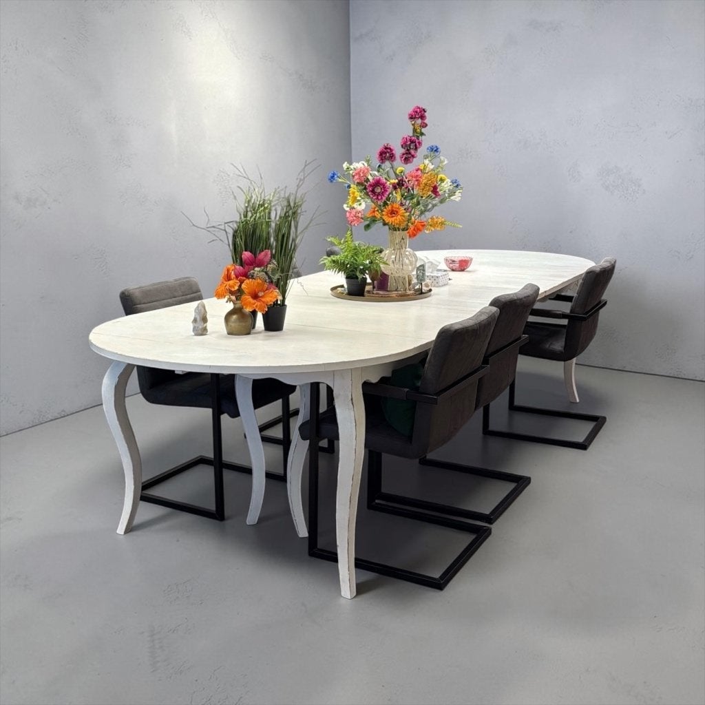 Uitschuifbare witte Eettafel incl 6 stoelen, Ophalen, Gebruikt, 100 tot 150 cm, 200 cm of meer