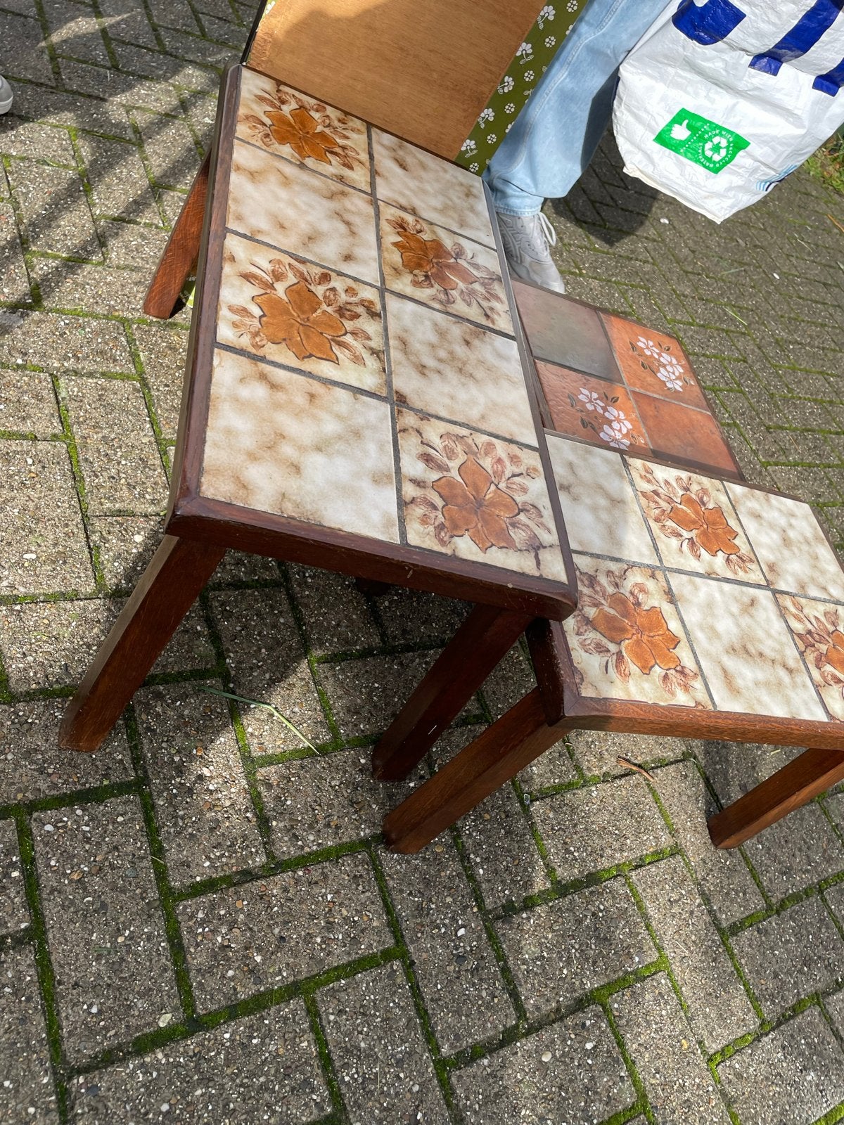 Vintage bijzettafels met tegels (set van 3), Antiek en Kunst, Ophalen