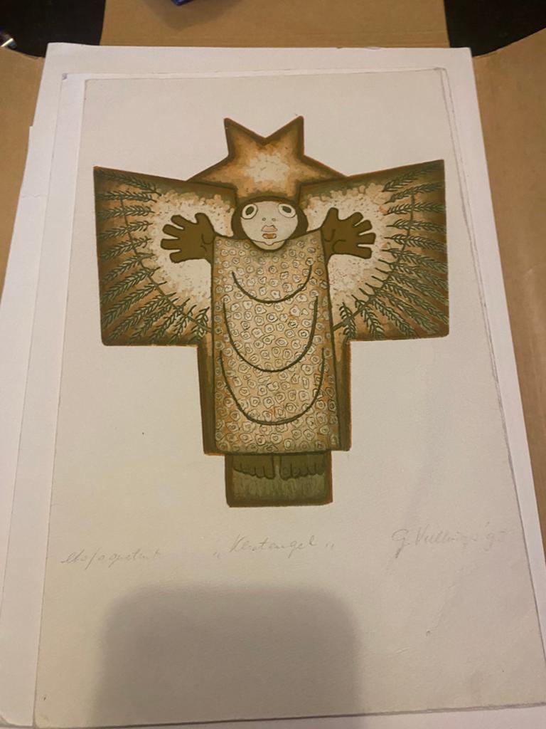 Originele Kleurenets/Aquatint "Kerstengel" Geert Vullings, Antiek en Kunst, Ophalen