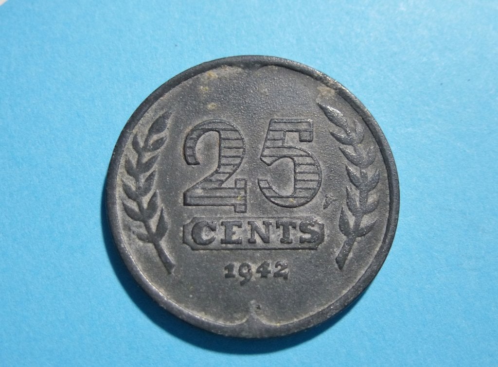 Zeer mooie 25 Cent 1942 Zink (2e Wereldoorlog); KOOPJE!, Postzegels en Munten, Ophalen of Verzenden, Koningin Wilhelmina, 25 cent