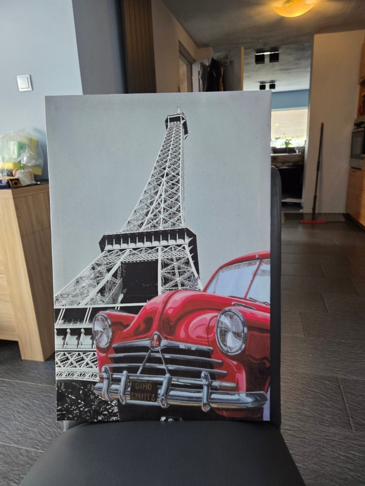 Eiffeltoren en Klassieke Rode Auto Schilderij, Ophalen of Verzenden
