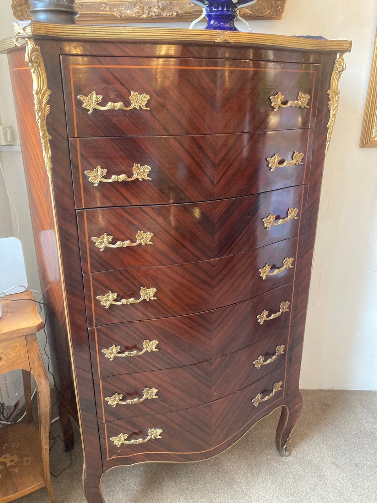 Antieke palisander houten gebogen ladenkast, Antiek en Kunst, Ophalen
