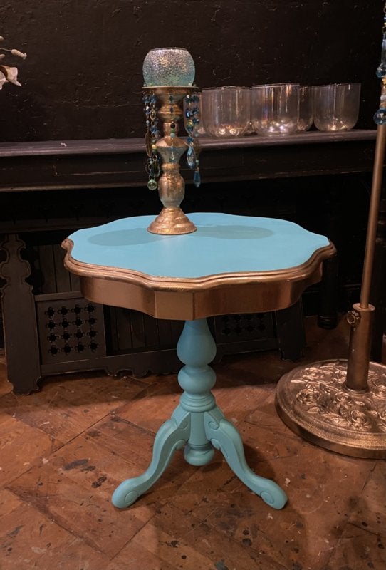 Vintage wijntafel, turquoise goud bijzettafel, tafeltje VdlM, Ophalen