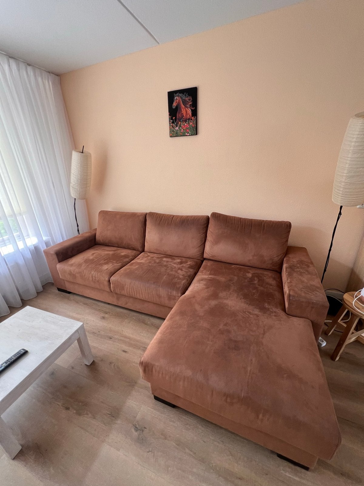Comfortabele Hoekbank - Bruin Suède-look (2,68*1,4mtr), Huis en Inrichting, Banken | Bankstellen, Ophalen, 250 tot 300 cm, Gebruikt