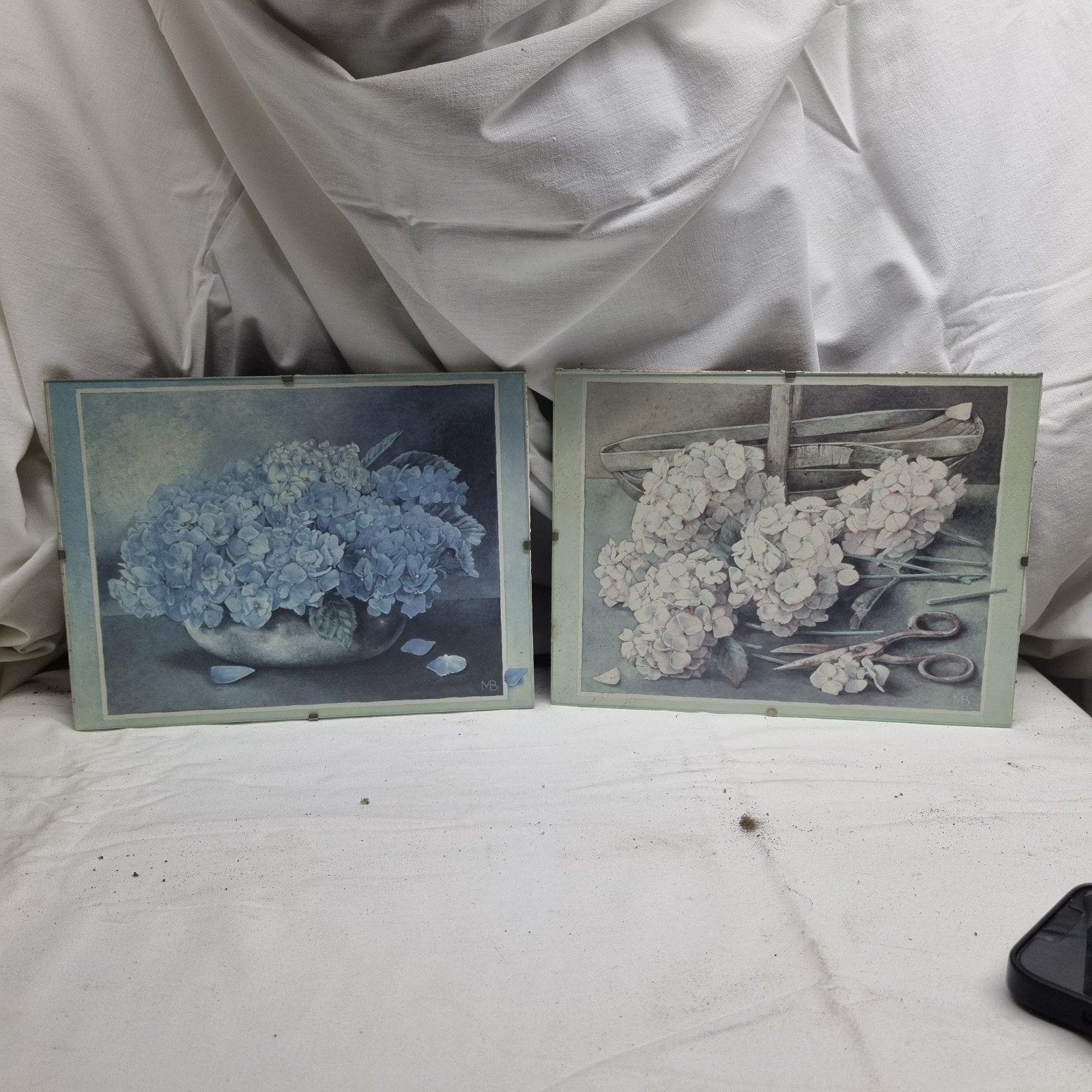Set van 2 Vintage Hortensia Prints - Blauw en Wit, Ophalen