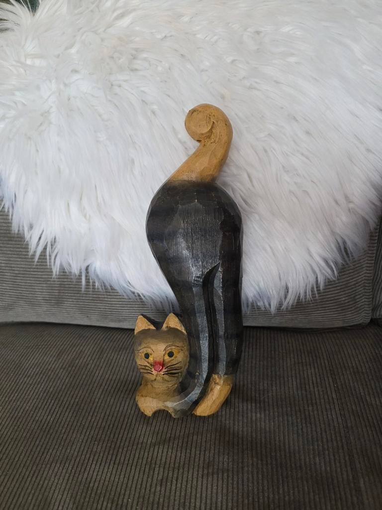 Vintage houten kat poes beeldje, Verzamelen, Ophalen of Verzenden, Zo goed als nieuw, Dier