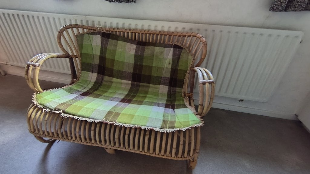 Vintage rotan bankje jaren '70 met tweezijdig kussen, Ophalen, Gebruikt, Vintage, Jaren '70, Retro, Minder dan 75 cm