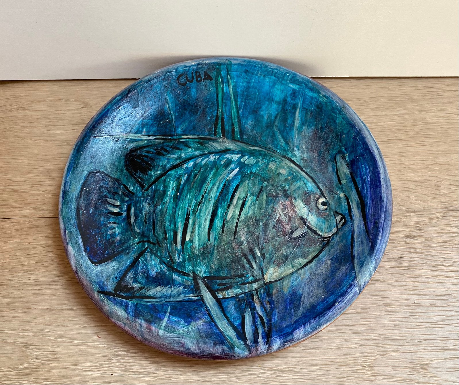 Prachtig vintage bord met tropische vis aquablauw/groen, Huis en Inrichting, Woonaccessoires | Wanddecoraties, Gebruikt, Vintage