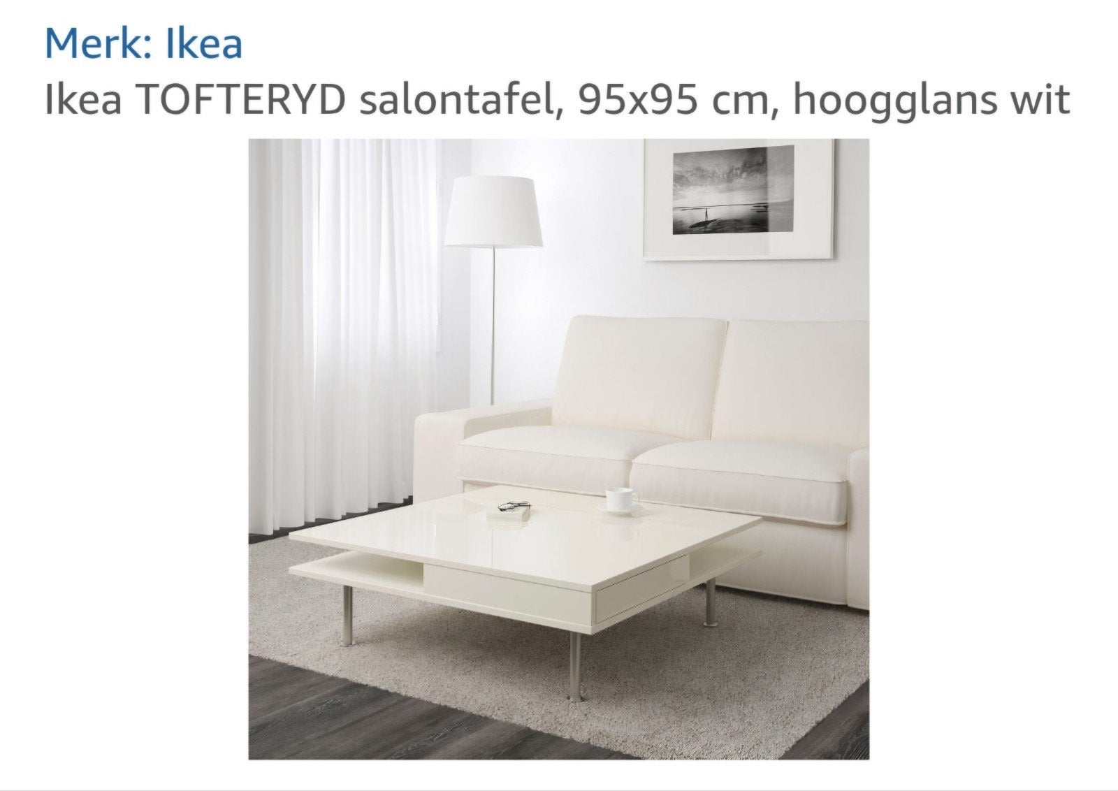 Ikea TOFTERYD salontafel, hoogglans wit, 95x95 cm, Ophalen, Overige materialen, Gebruikt, 50 tot 100 cm