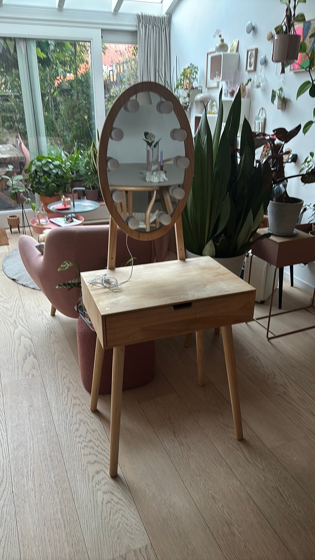 Kaptafeltje make-up tafel berkenhout led hollywood spiegel, Gebruikt, 100 tot 150 cm, Scandinavisch, Hout
