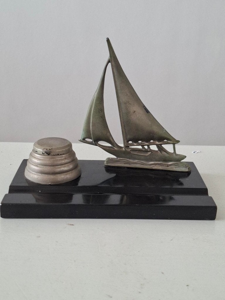vintage art deco inktstel pennenhouder jaren 30 zeilboot, Ophalen of Verzenden