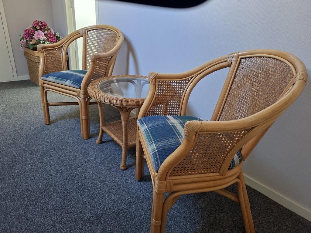 Rotan zitje: 2 stoelen met glazen salontafel, Ophalen, Gebruikt, Twee, Bohemian, Klassiek