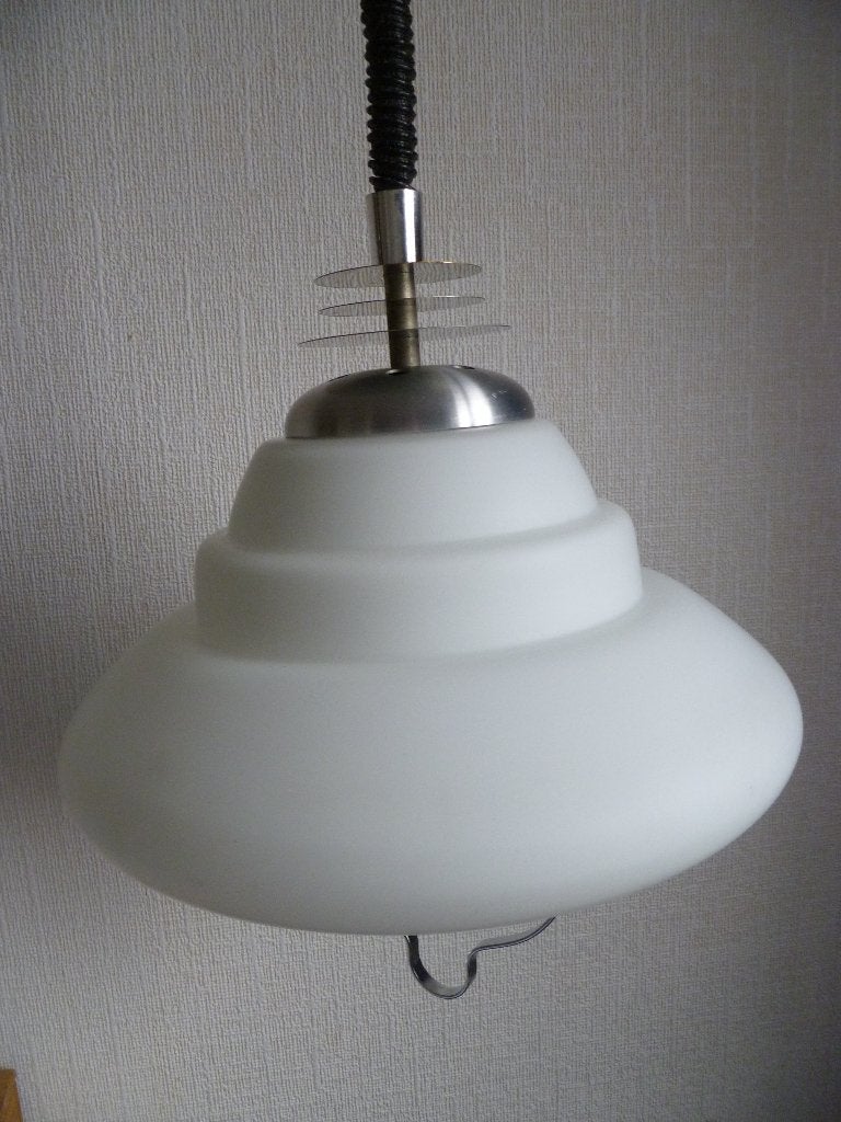 Vintage jaren 60 melkglazen hanglamp met trekpendel, Ophalen of Verzenden, Gebruikt, Glas