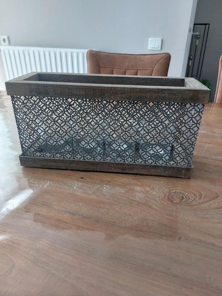 Houten metalen windlicht voor theelichtjes, Huis en Inrichting, Woonaccessoires | Kandelaars en Kaarsen, Gebruikt, Bruin, Ophalen of Verzenden
